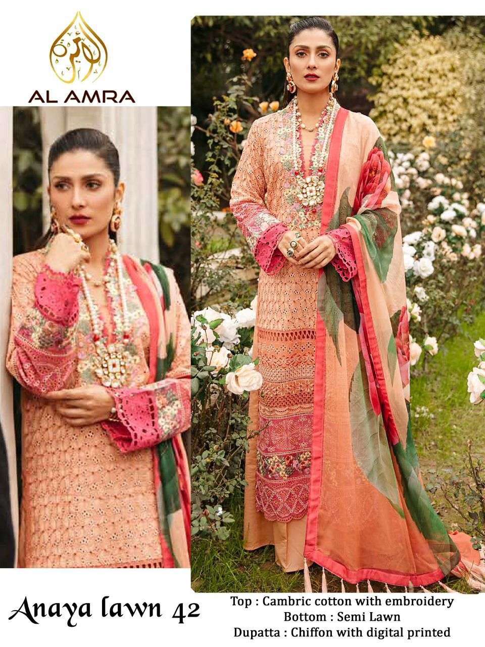 ANAYA LAWN 42 HIT DESIGN BY AL AMRA CAMBRIC COTTON EMBROIDERY PAKISTANI DRESS