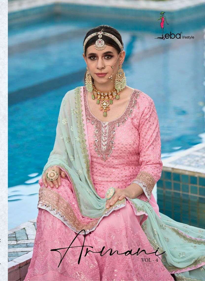 ARMANI VOL-4 BY EBA LIFESTYLE FAUX GEORGETTE EMBROIDERY SHARARA SUITS