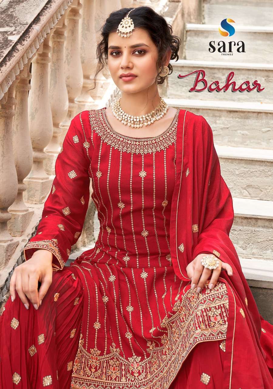 BAHAR BY SARA TRENDZ 3801 TO 3804 SERIES CHINON HEAVY EMBROIDERY SHARARA SUITS