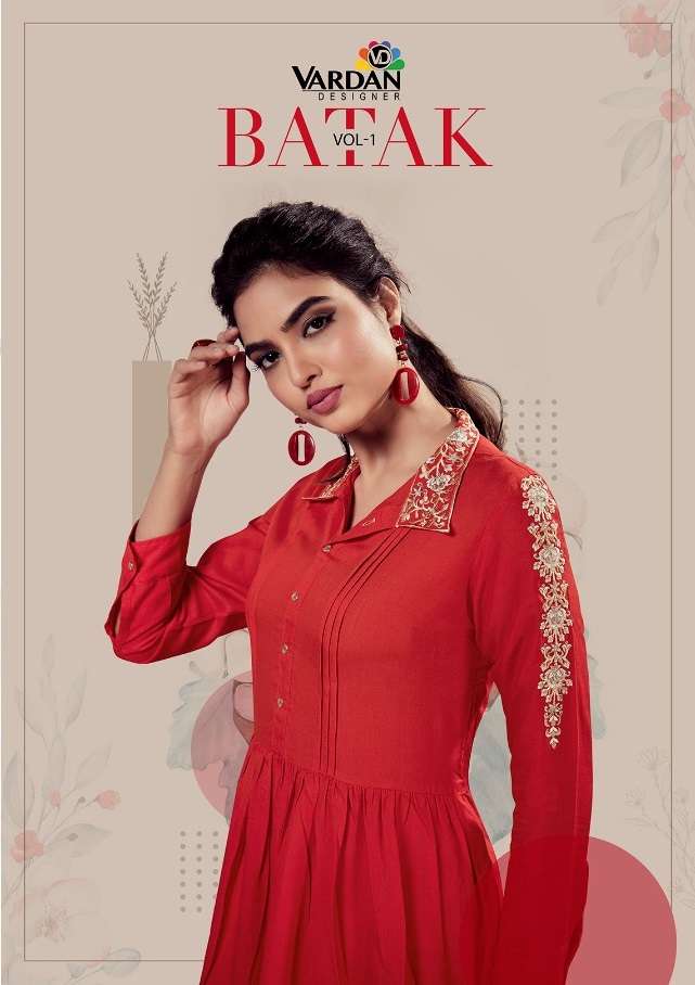 BATAK VOL-1 BY VARDAN DESIGNER 2071 TO 2076 SERIES RAYON EMBROIDERY WORK TOPS