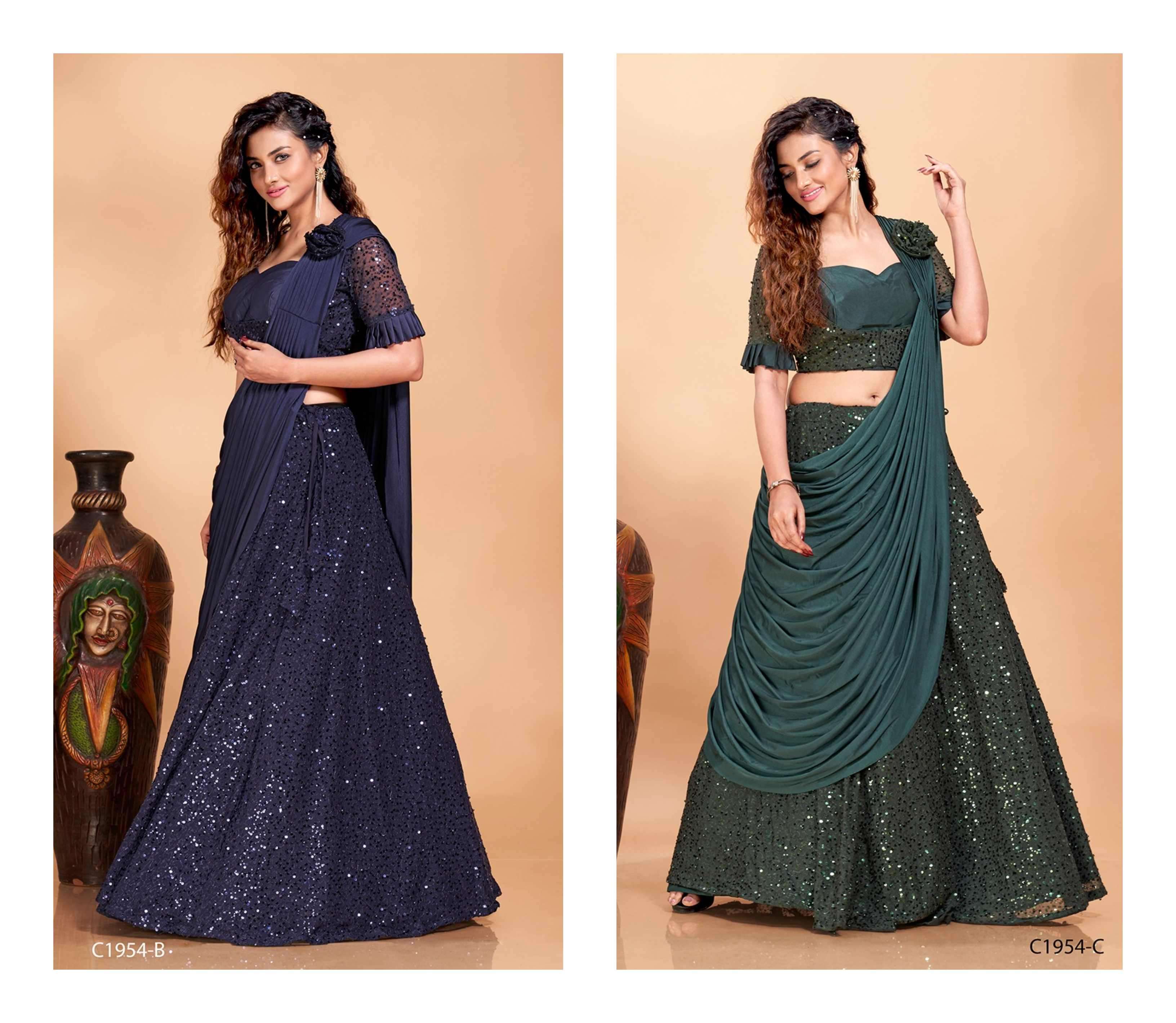 C1954 COLOURS BY AMOHA IMPORTED LYCRA SEQUENCE HEAVY WORK STITCHED CROP-TOP LEHENGAS