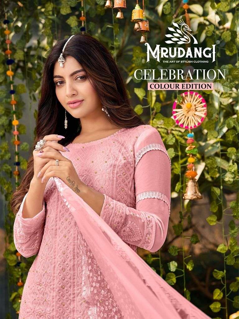 CELEBRATION COLOUR EDITION BY MRUDANGI 2041-F TO 2041-J SERIES FAUX GEORGETTE WORK DRESSES