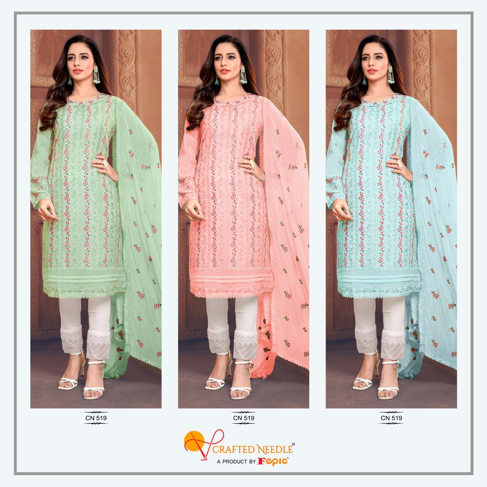 CN-519 COLOURS BY FEPIC 519-A TO 519-D SERIES GEORGETTE EMBROIDERY STITCHED PAKISTANI DRESSES