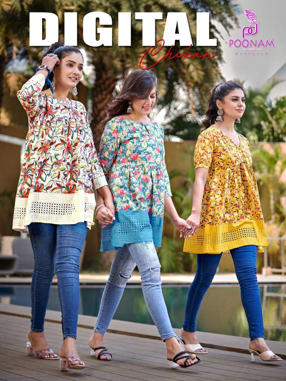 DIGITAL CHIKAN BY POONAM DESIGNER 1001 TO 1008 SERIES COTTON SCHIFFLI WORK PRINT TUNICS