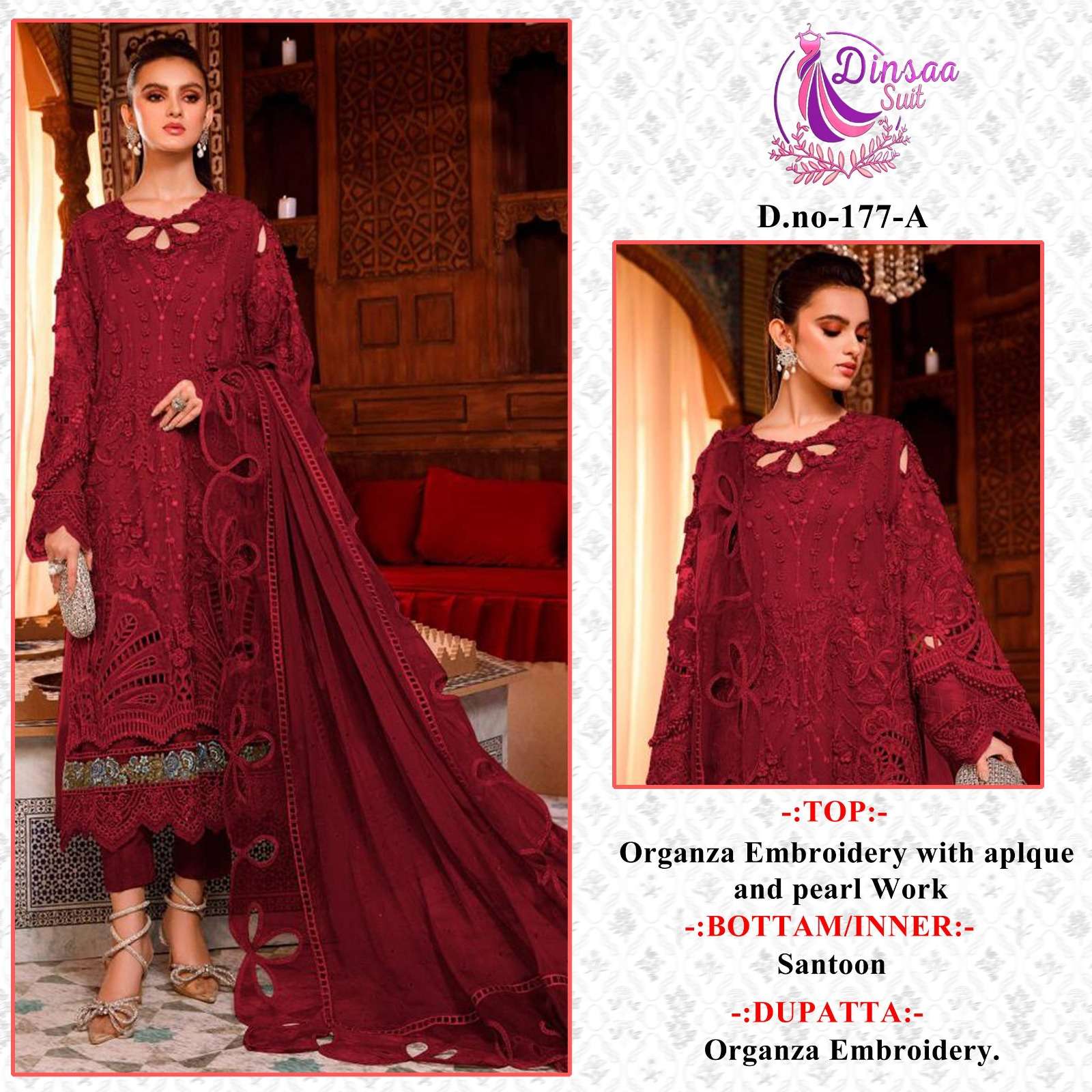 DS-177 COLOURS BY DINSAA SUIT 177-A TO 177-C SERIES ORGANZAEMBROIDERY WORK PAKISTANI DRESSES