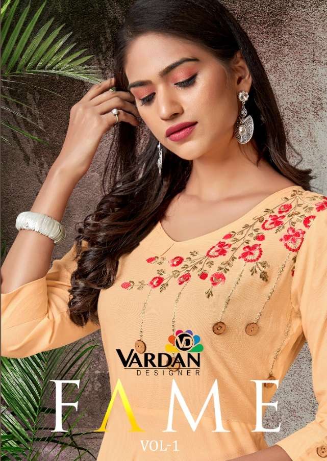 FAME VOL-1 BY VARDAN DESIGNER 6031 TO 6034 SERIES RAYON EMBROIDERY LONG KURTIS