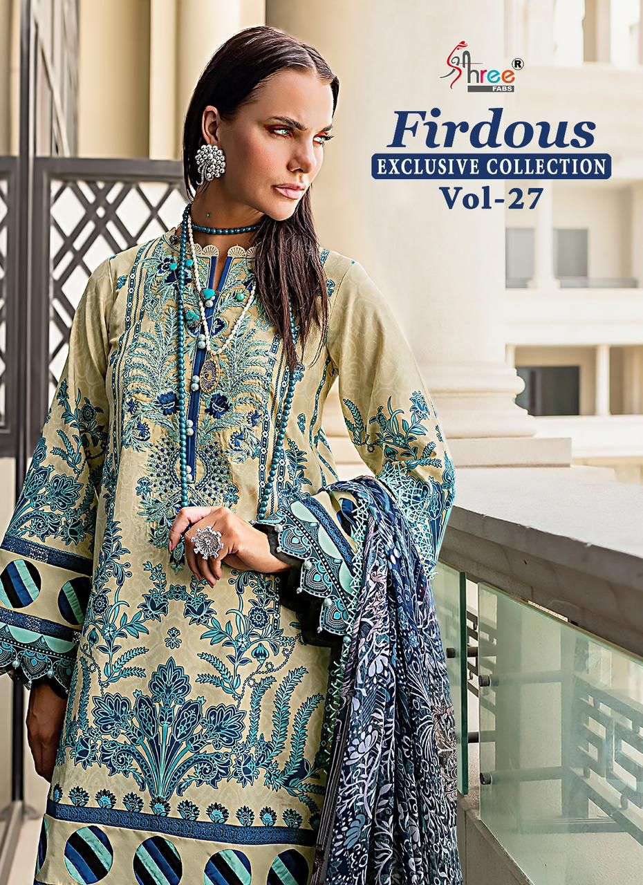 FIRDOUS EXCLUSIVE COLLECTION VOL-27 BY SHREE FABS 3008 TO 3015 SERIES COTTON PAKISTANI DRESSES