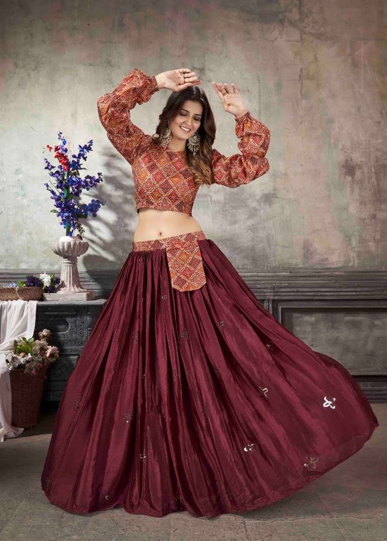 FRILL AND FARE VOL-5 BY SHUBHKALA 2041 TO 2050 SERIES ART SILK WORK STITCHED CROP TOP LEHENGAS