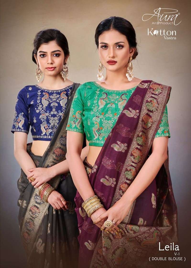 LEILA BY AURA 494DB01 TO 494DB06 SERIES DESIGNER COTTON WORK SAREES