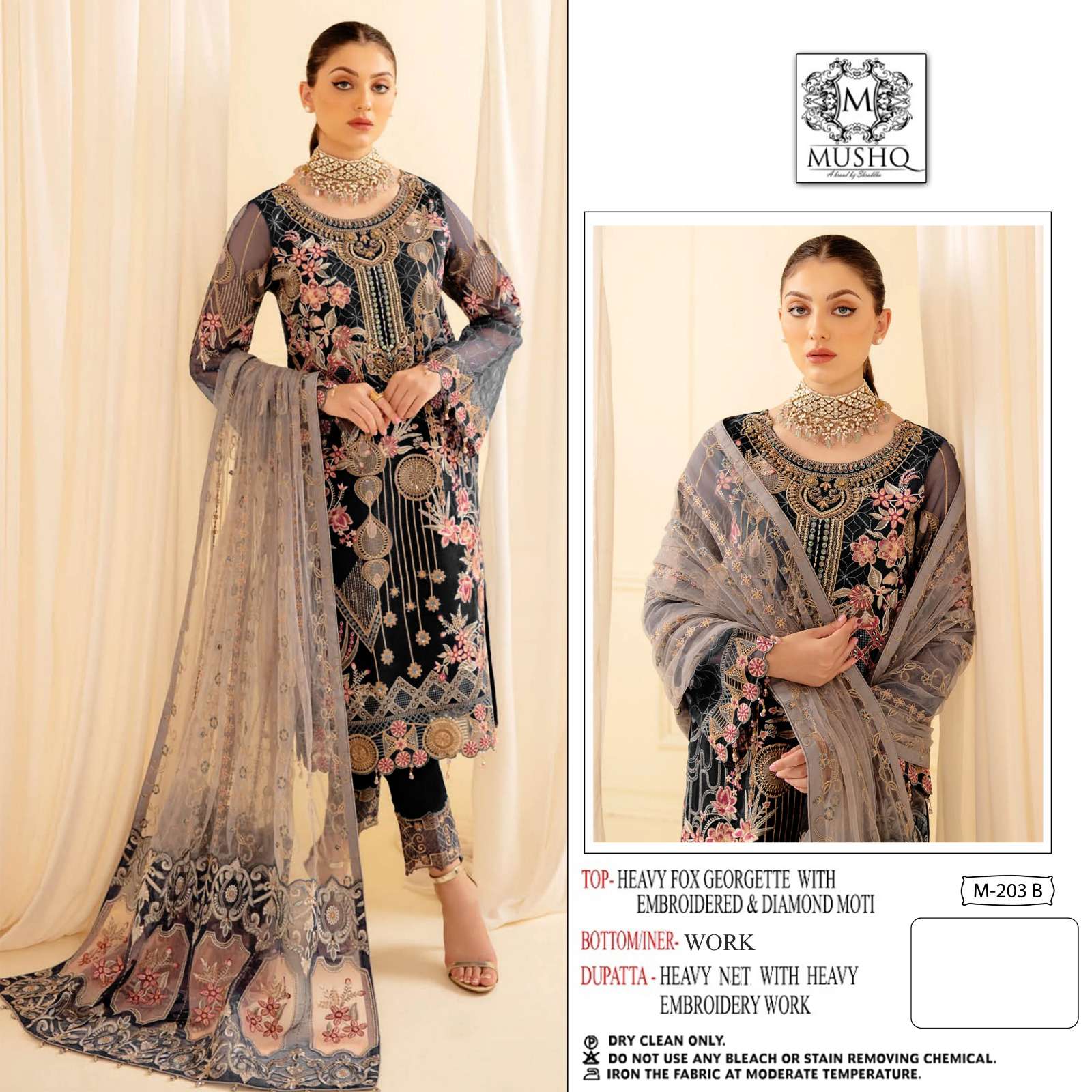 M-203 B HIT DESIGN BY MUSHQ FAUX GEORGETTE EMBROIDERY PAKISTANI DRESS