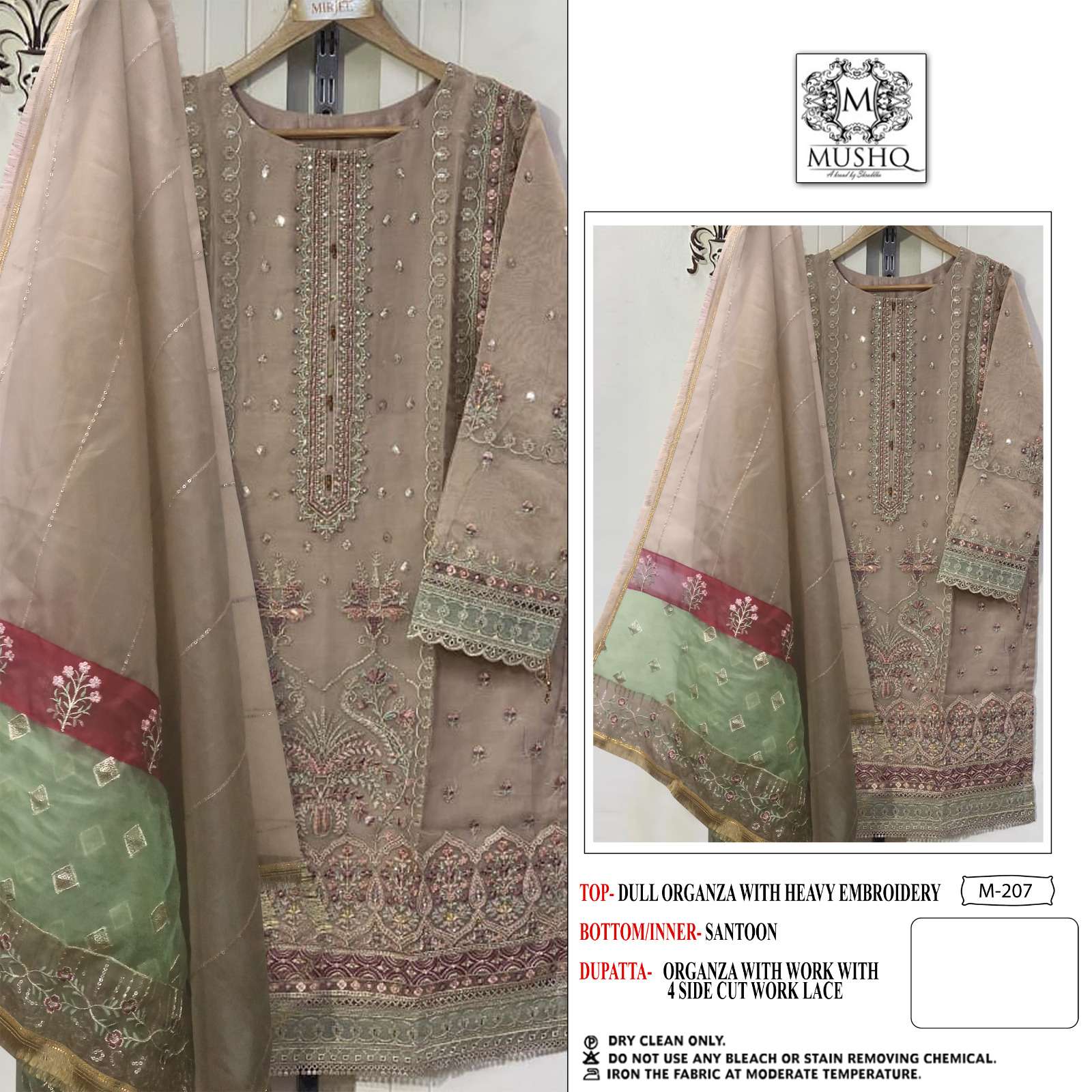 M-207 HIT DESIGN BY MUSHQ DULL ORGANZA HEAVY EMBROIDERY PAKISTANI STITCHED DRESS