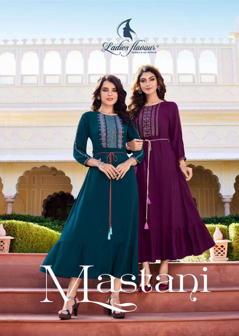 MASTANI BY LADIES FLAVOUR 1001 TO 1004 SERIES RAYON EMBROIDERY SEQUENCE LONG KURTIS