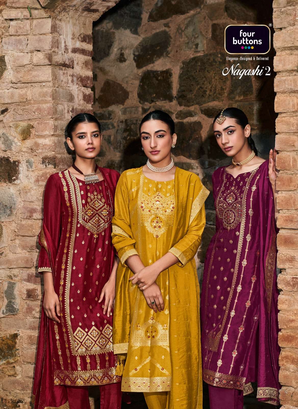 NAQASHI VOL-2 BY FOUR BUTTONS 3171 TO 3176 SERIES PURE DOLA SILK HANDWORK STITCHED DRESSES