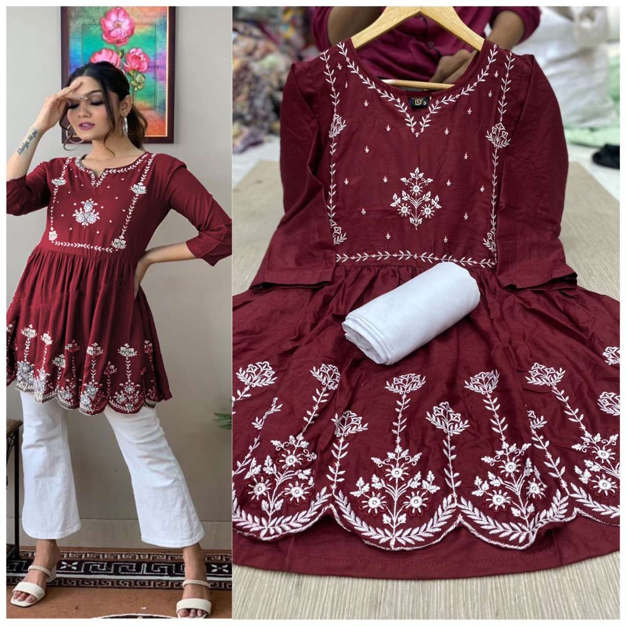 NASCAFE BY AQSAWHOLESALE PURE RAYON COTTON EMBROIDERY KURTI & PANTS