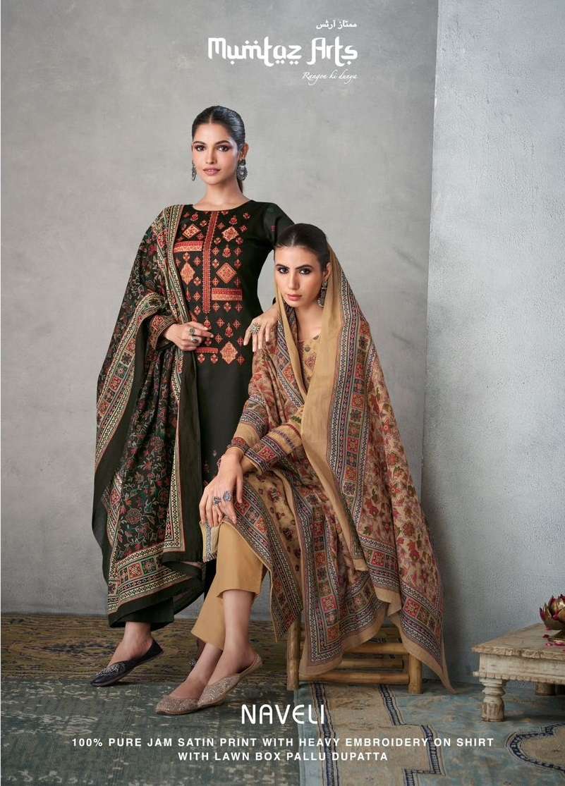 NAVELI BY MUMTAZ ARTS 8001 TO 8008 SERIES JAM SATIN EMBROIDERY WORK DRESSES