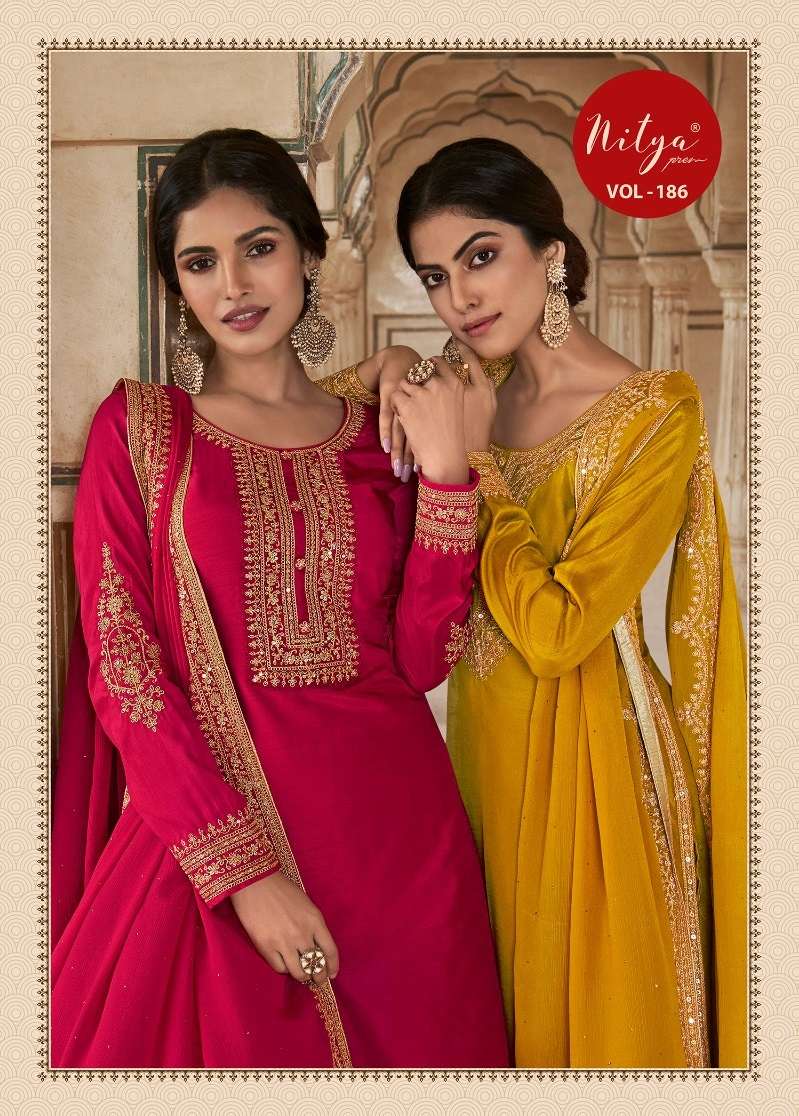 NITYA VOL-186 BY LT FABRICS 86001 TO 86006 SERIES DOLA SILK HEAVY WORK DRESSES