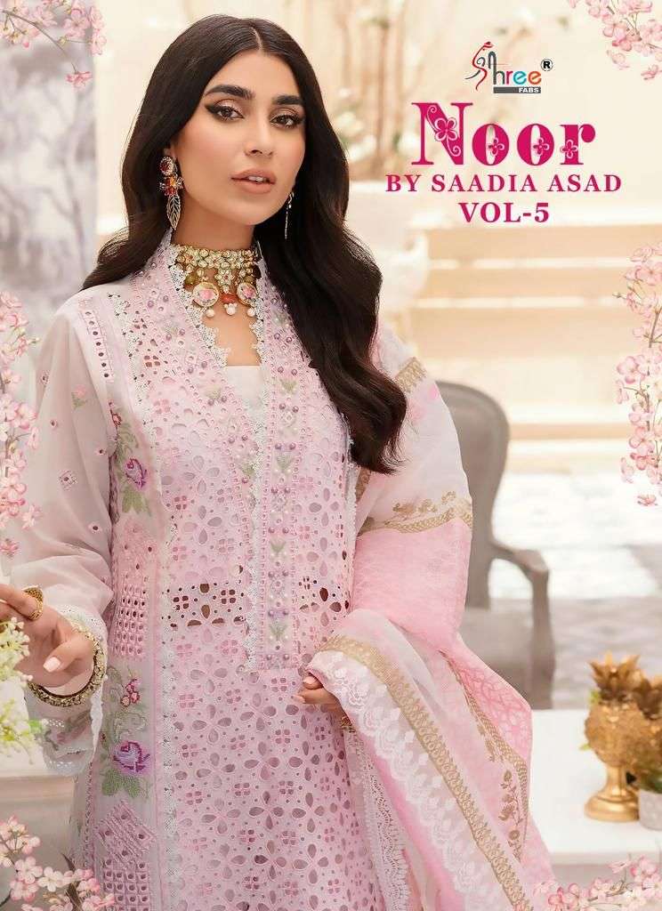 NOOR BY SAADIA ASAD VOL-5 BY SHREE FABS 2596 TO 2600 SERIES COTTON EMBROIDERY PATCH WORK DRESSES