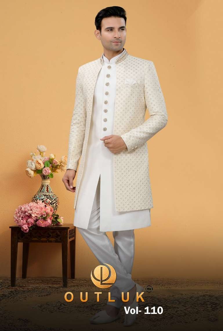 OUTLUK VOL-110 BY OUTLUK 110001 TO 110010 SERIES ART SILK LUCKNOWI WORK MENS INDO WESTERN SUITS