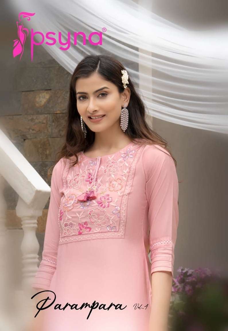 PARAMPARA VOL-4 BY PSYNA 4001 TO 4006 SERIES ROMAN SILK WORK STITCHED DRESSES