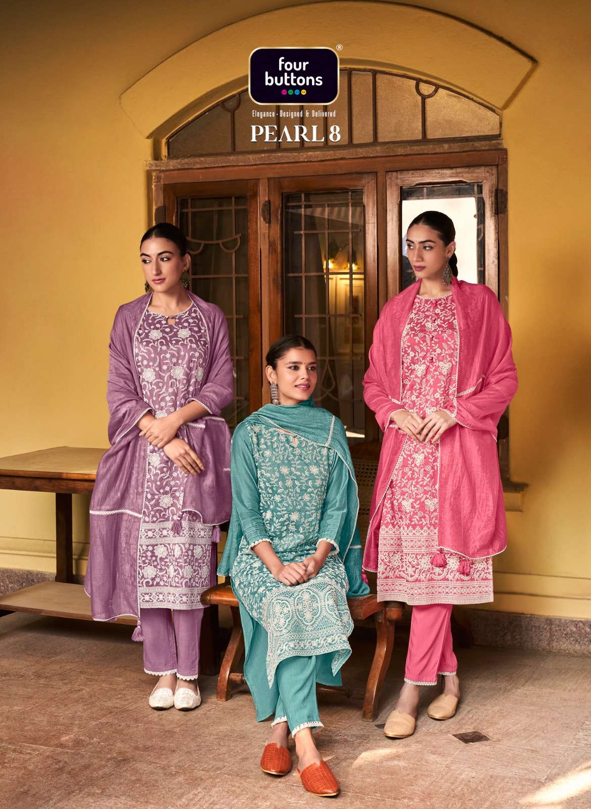 PEARL VOL-8 BY FOUR BUTTONS 3151 TO 3156 SERIES COTTON LAKHNAVI WORK STITCHED DRESSES