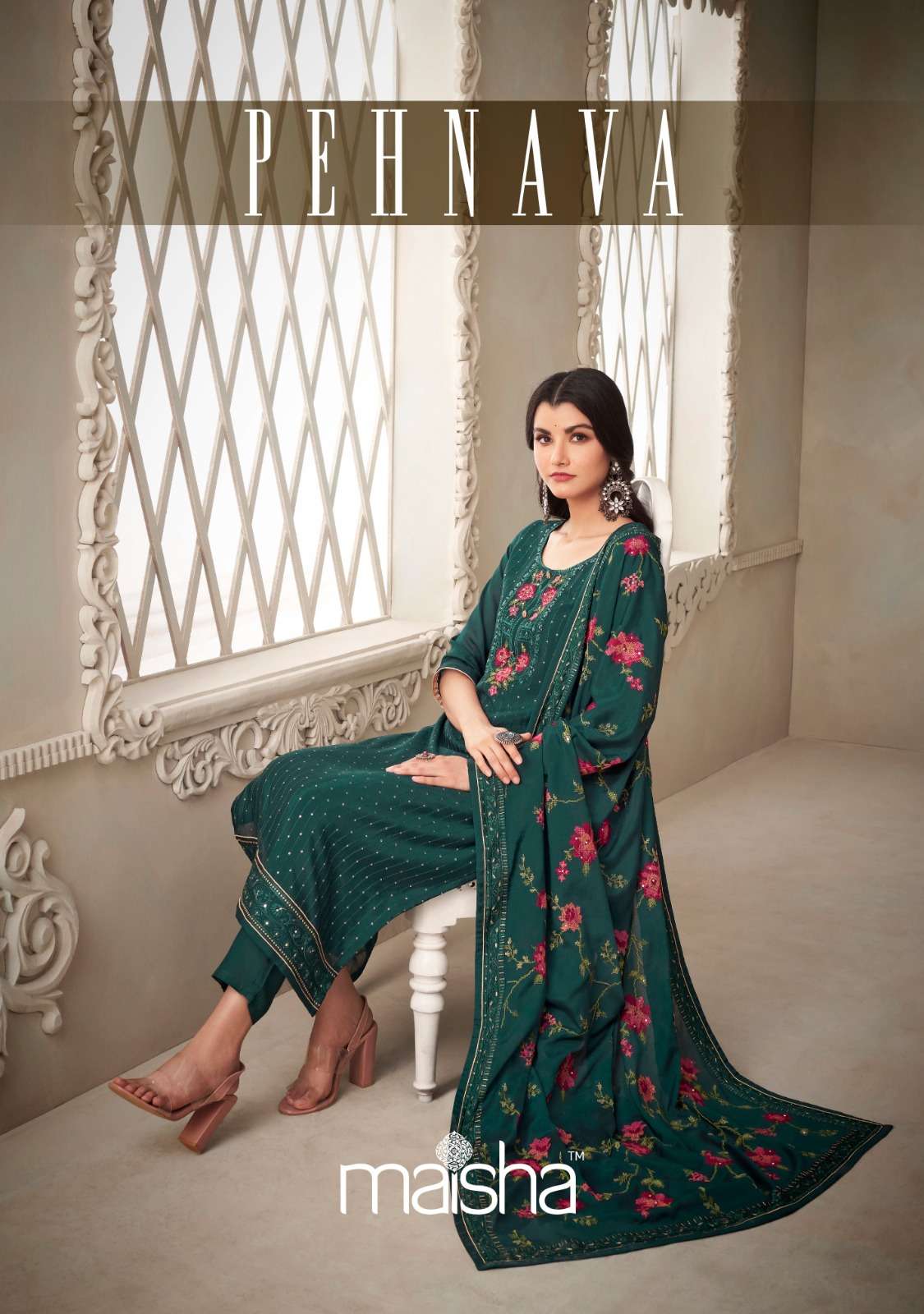 PEHNAVA BY MAISHA 101 TO 106 SERIES PURE CHINON EMBROIDERY WORK DRESSES