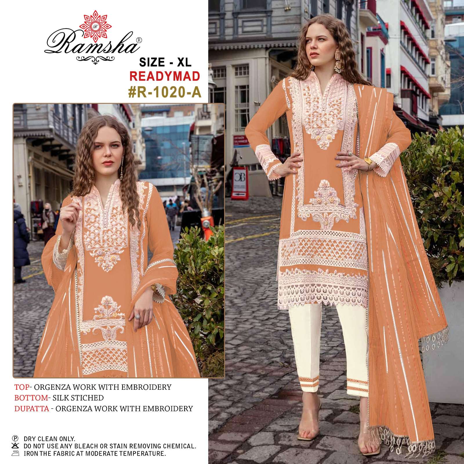 R-1020 COLOURS BY RAMSHA 1020-A TO 1020-D SERIES ORGANZA EMBROIDERY WORK STITCHED DRESSES