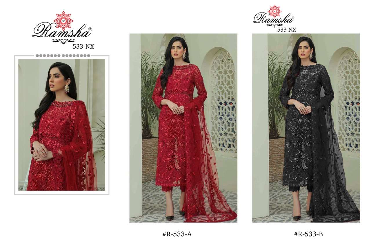 R-533 NX BY RAMSHA NET WITH HEAVY EMBROIDERY PAKISTANI DRESSES