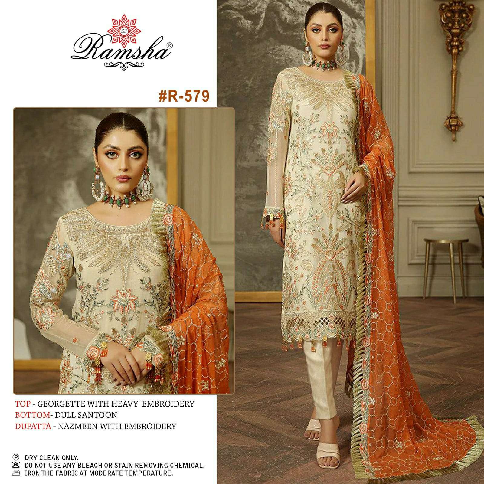 R-579 HIT DESIGN BY RAMSHA GEORGETTE HEAVY EMBROIDERY PAKISTANI DRESS