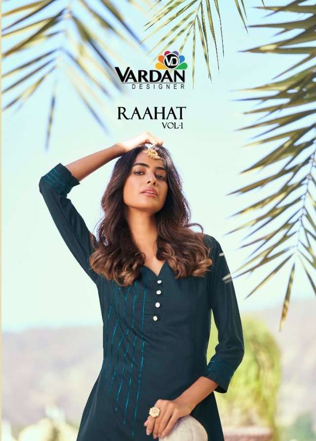 RAAHAT VOL-1 BY VARDAN DESIGNER 6501 TO 6504 SERIES ROMAN SILK EMBROIDERY KURTI & PANTS