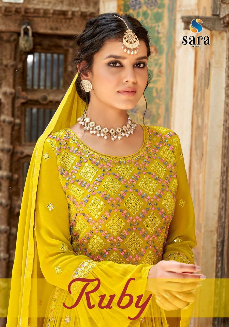 RUBY BY SARA TRENDZ 3851 TO 3854 SERIES GEORGETTE EMBROIDERY GHARARA SUITS