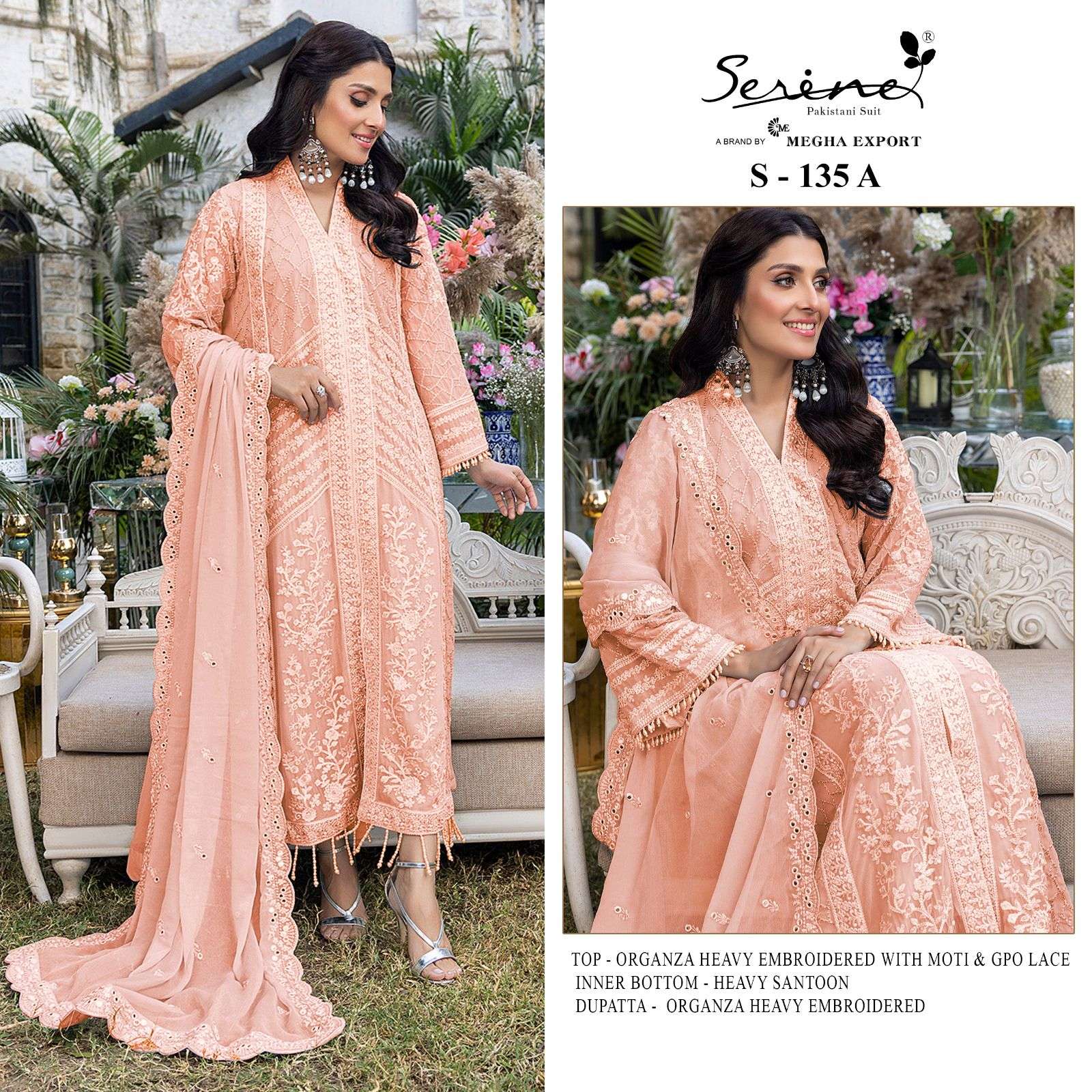 S-135 COLOURS BY SERINE 135-A TO 135-D SERIES ORGANZA HEAVY EMBROIDERY WORK PAKISTANI DRESSES