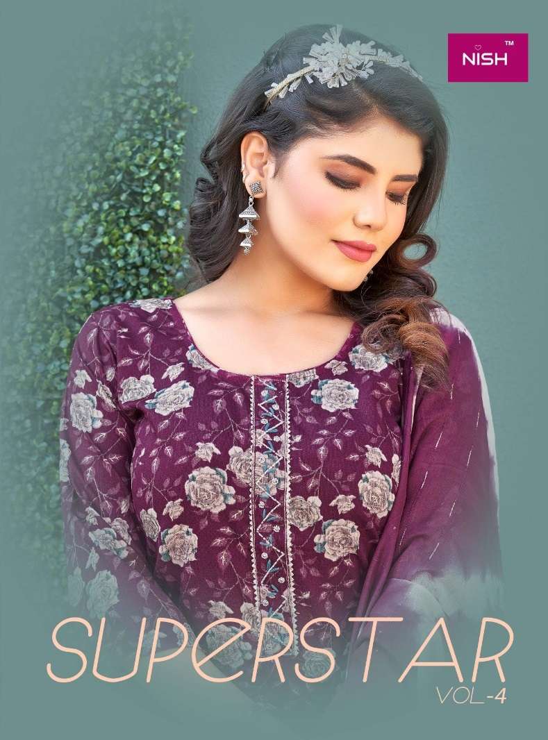 SUPERSTAR VOL-4 BY NISH 1001 TO 1009 SERIES RAYON PRINT STITCHED DRESSES