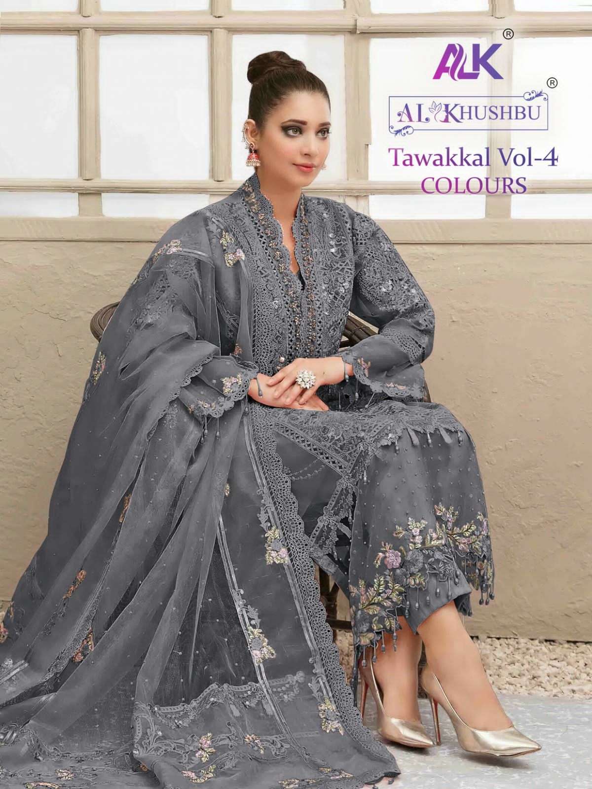 TAWAKKAL VOL-4 BY AL KHUSHBU 3028-M TO 3028-P SERIES BUTTERFLY NET EMBROIDERY PAKISTANI DRESSES