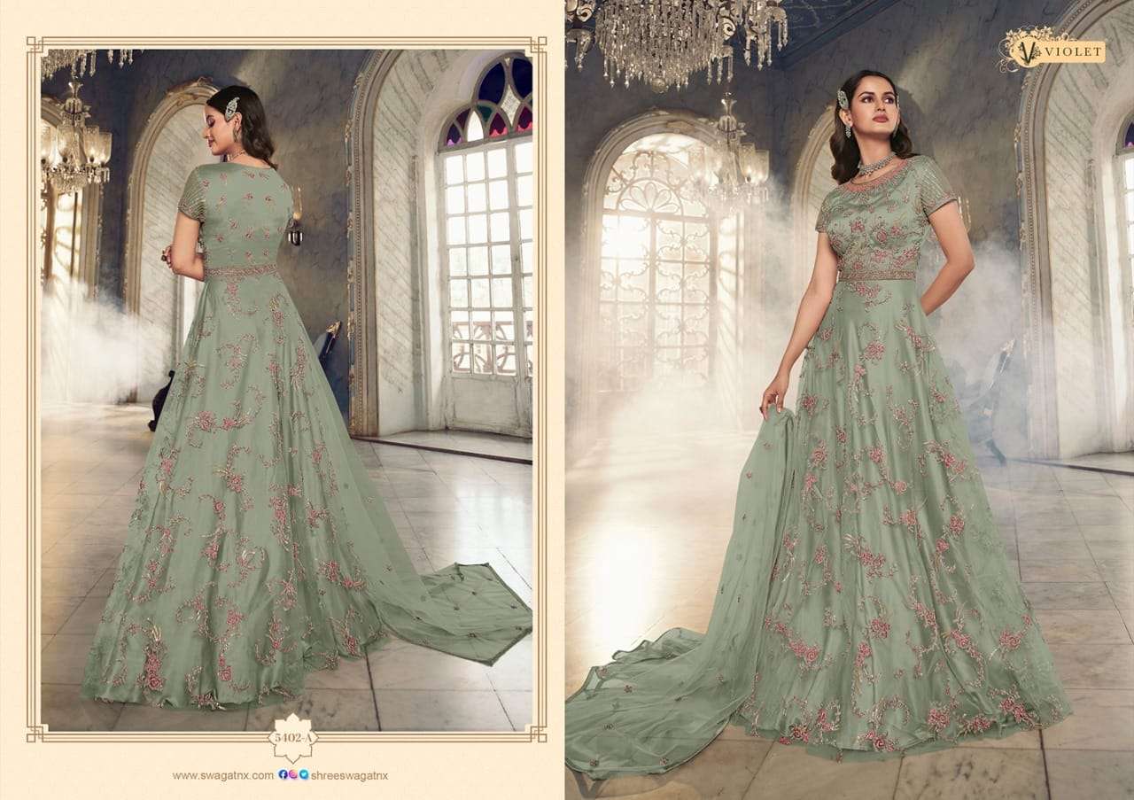 VIOLET 5402 COLOURS BY SWAGAT 5402 TO 5402-C SERIES BUTTERFLY NET EMBROIDERY ANARKALI DRESSES