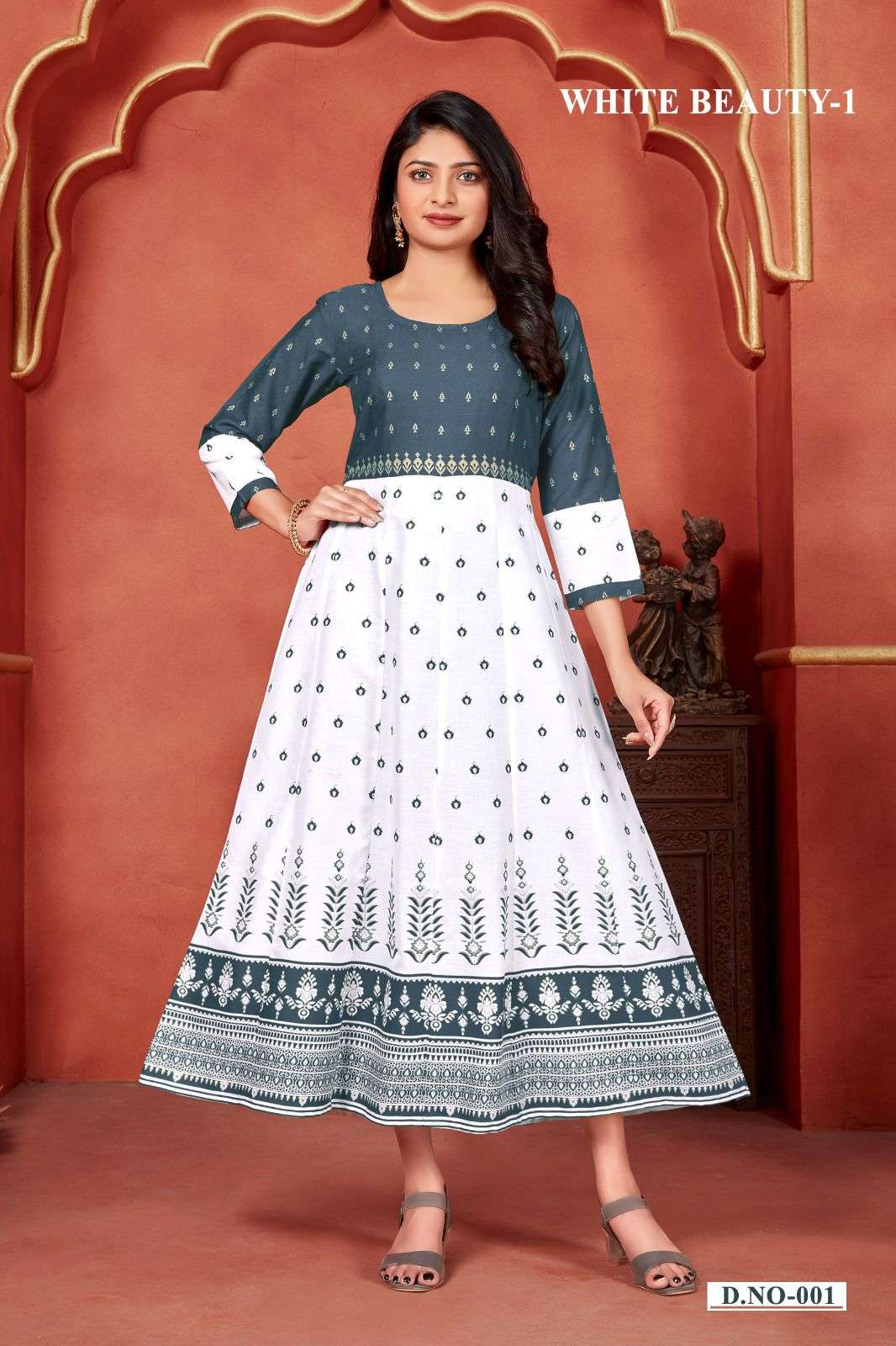 WHITE BEAUTY BY BANWERY FASHION 01 TO 06 SERIES RAYON FOIL PRINT LONG KURTIS