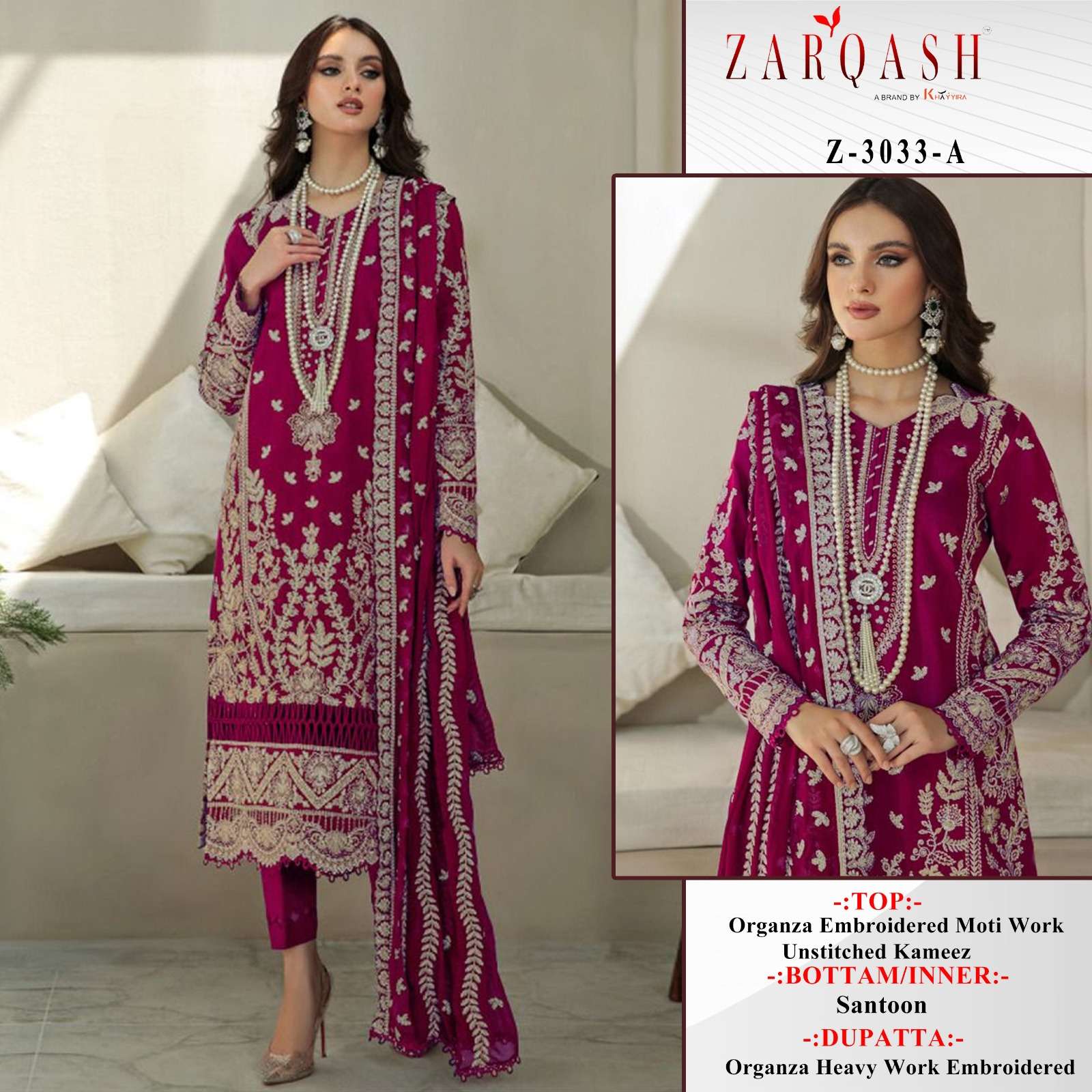 Z-3033 COLOURS BY ZARQASH 3033-A TO 3033-E SERIES ORGANZA EMBROIDERY PAKISTANI DRESSES