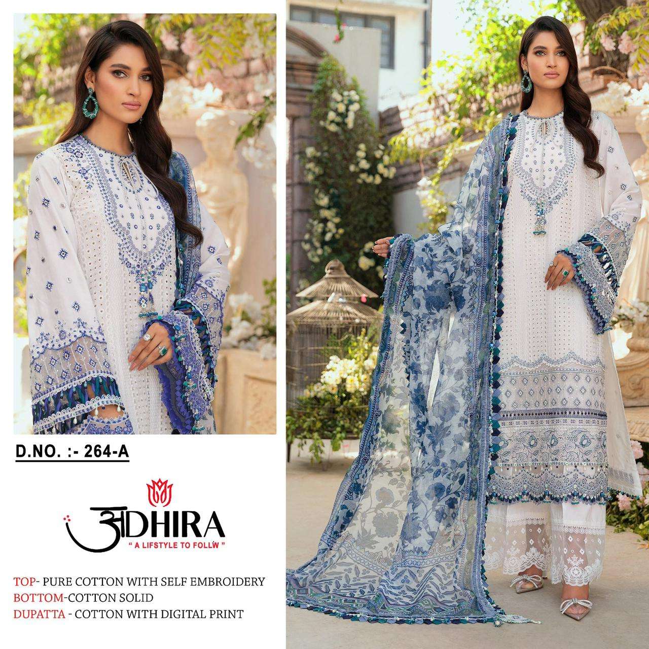 ADHIRA 264 COLOURS BY ADHIRA 264-A TO 264-E SERIES PURE COTTON EMBROIDERY DRESSES