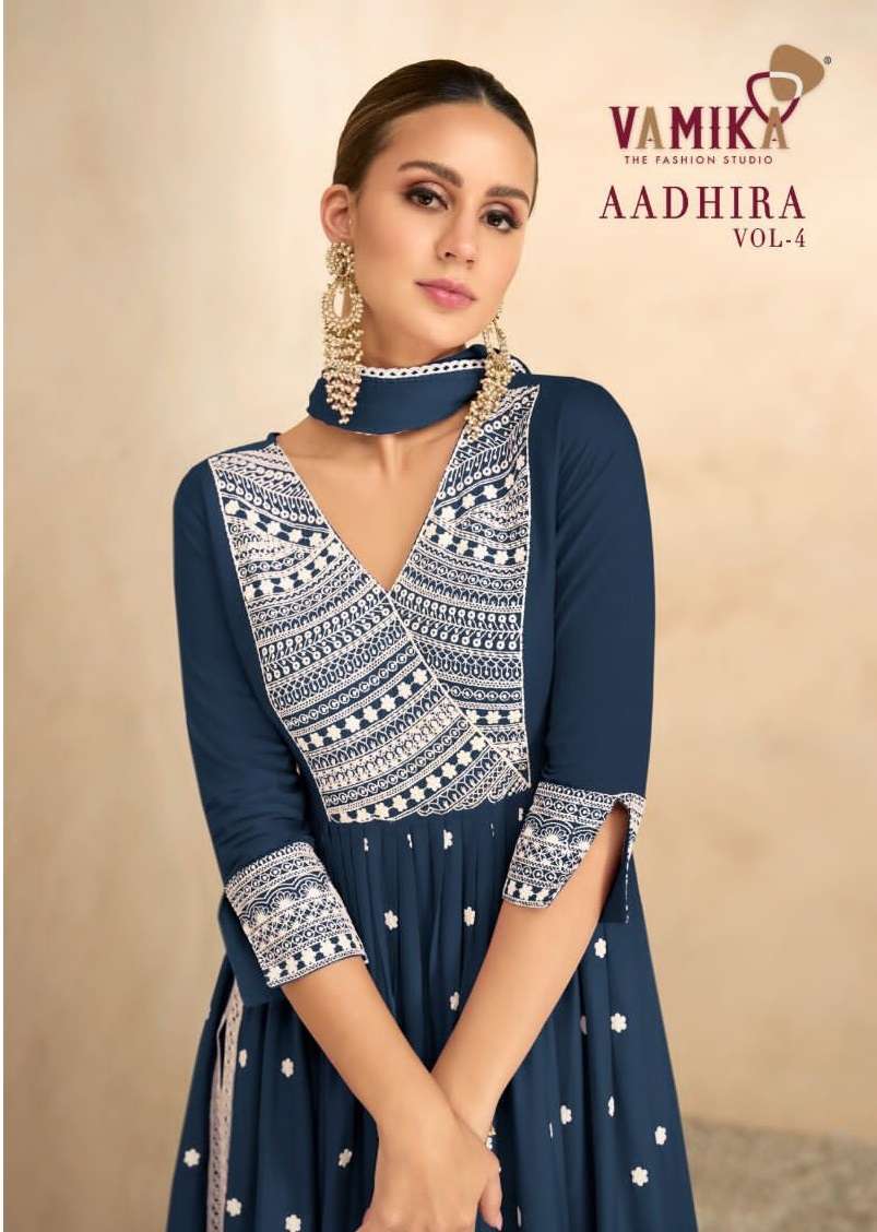 ADHIRA VOL-4 BY VAMIKA 1106-A TO 1106-E SERIES RAYON VISCOSE LAKHNAVI WORK DRESSES