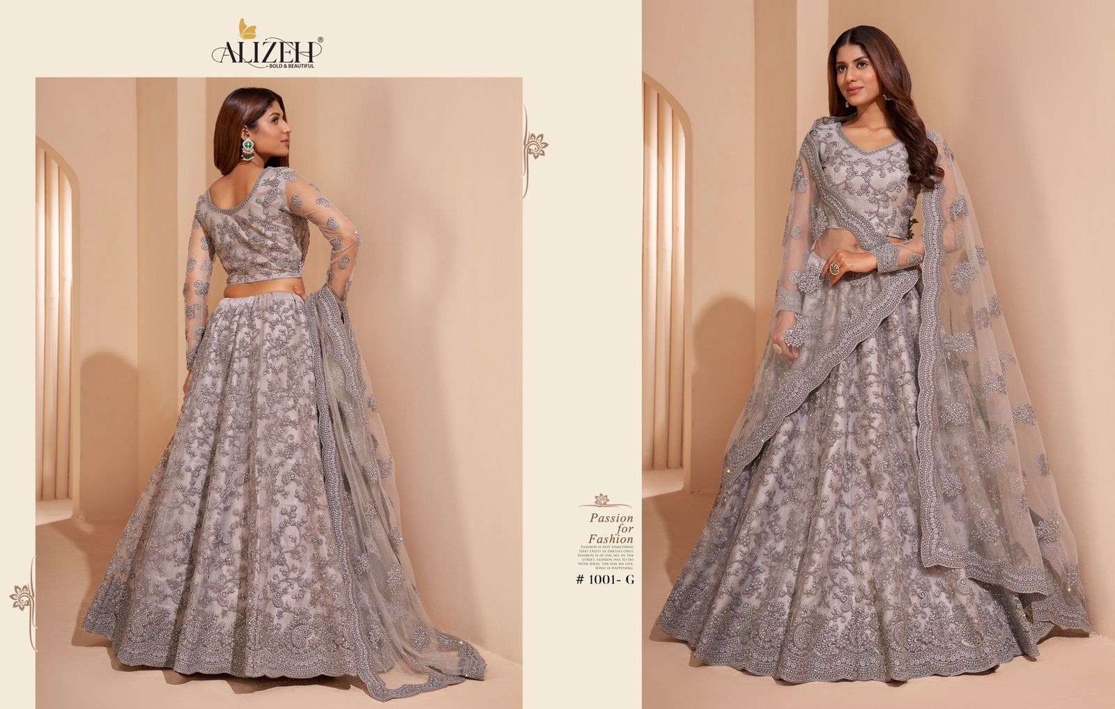 ALIZEH 1001 COLOURS BY ALIZEH 1001-A TO 1001-G SERIES NET HEAVY WORK BRIDAL LEHENGAS