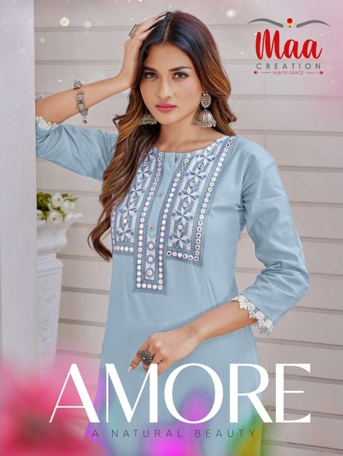 AMORE BY MAA CREATION 1001 TO 1004 SERIES MULL COTTON PRINT WORK KURTIS