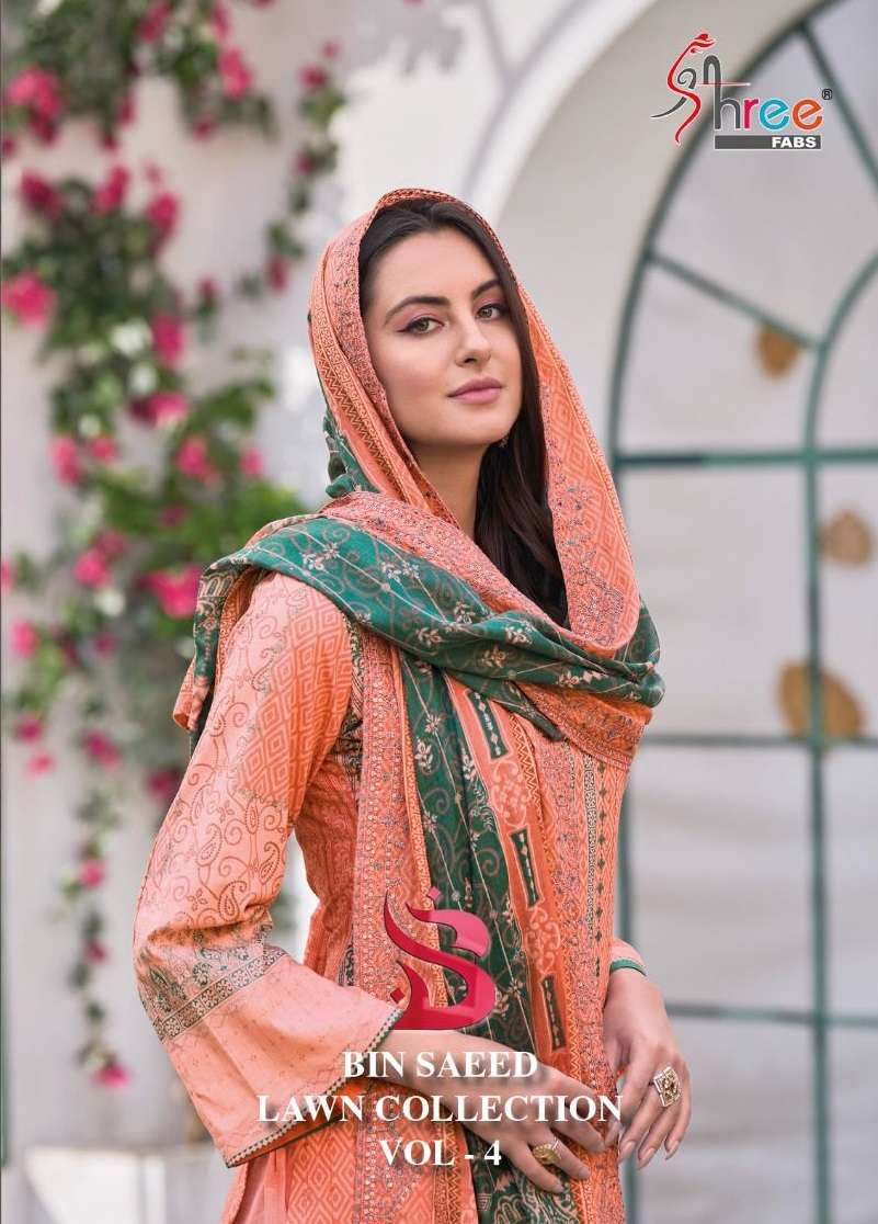 BIN SAEED LAWN COLLECTION VOL-4 BY SHREE FABS 4001 TO 4006 SERIES COTTON EMBROIDERY PAKISTANI DRESSE...