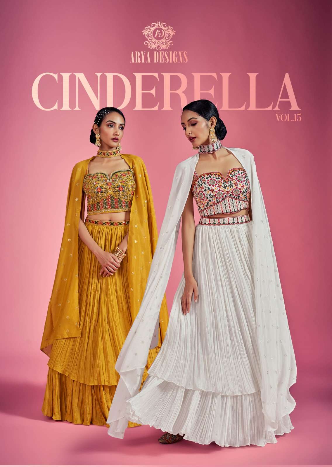 CINDERELLA VOL-15 BY ARYA DESIGNS 53001 TO 53003 SERIES CHINON WORK CROP TOP STITCHED LEHENGAS