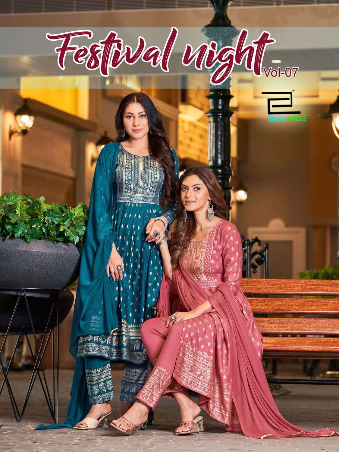 FESTIVAL NIGHT VOL-7 BY BLUE HILLS 7001 TO 7008 SERIES RAYON PRINT STITCHED DRESSES