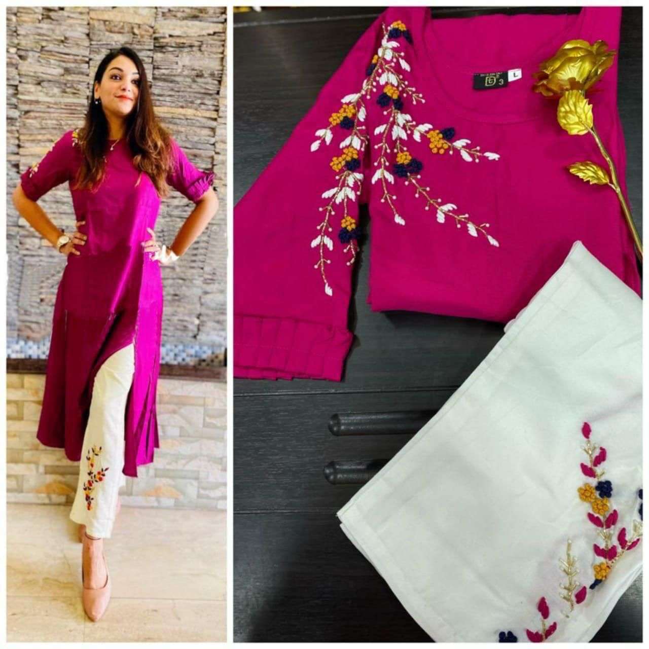 FLOWER QUEEN BY AQSAWHOLESALE RAYON HAND WORK KURTI & PANT SET