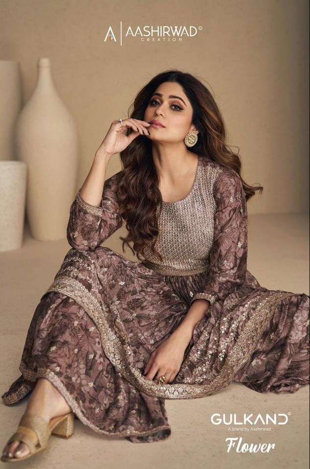 GULKAND FLOWER BY AASHIRWAD CREATION 9560 TO 9564 SERIES CHINON SILK SHARARA SUITS