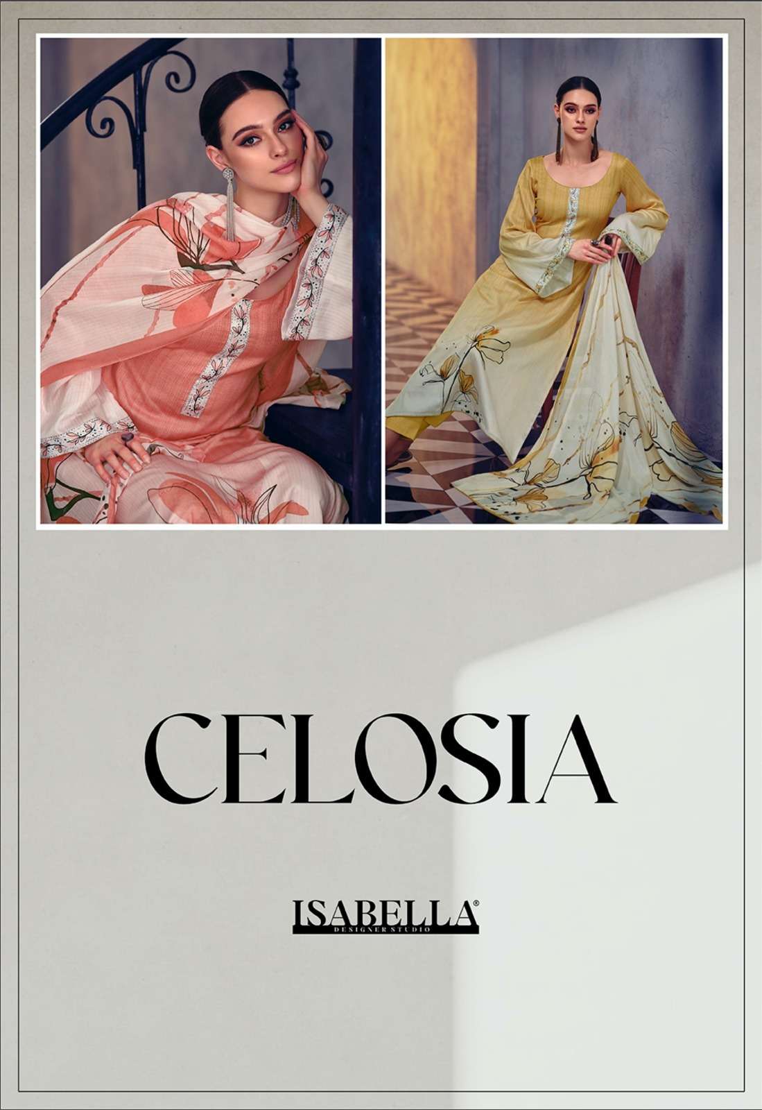 ISABELLA CELOSIA BY AQSAWHOLESALE 1001 TO 1006 SERIES LAWN SATIN PRINT DRESSES