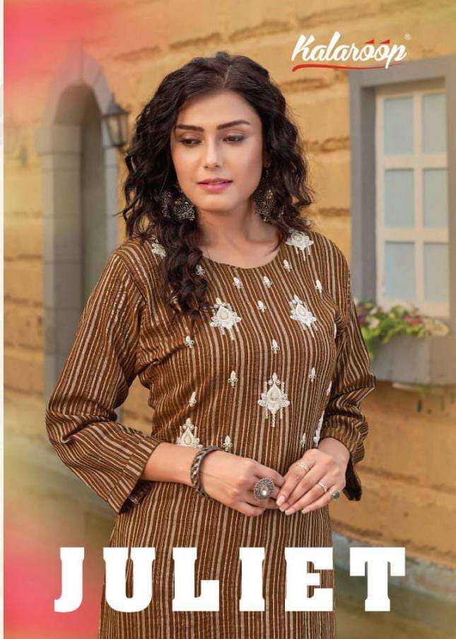 JULIET BY KALAROOP 13636 TO 13638 SERIES RAYON EMBROIDERY WORK KURTIS