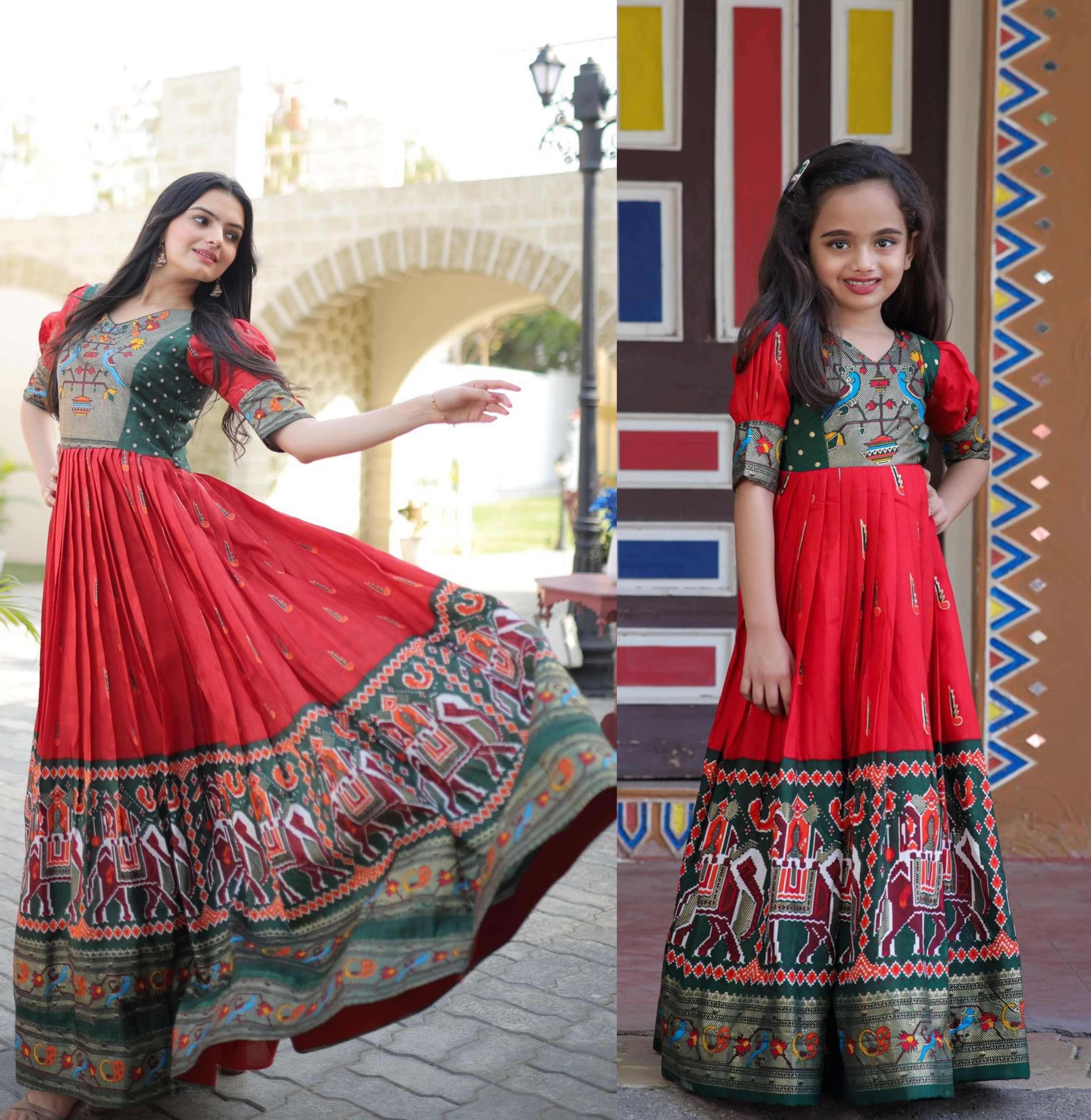 KA-MOTHER & DAUGHTER BY AQSAWHOLESALE DOLA SILK PATOLA GOWNS