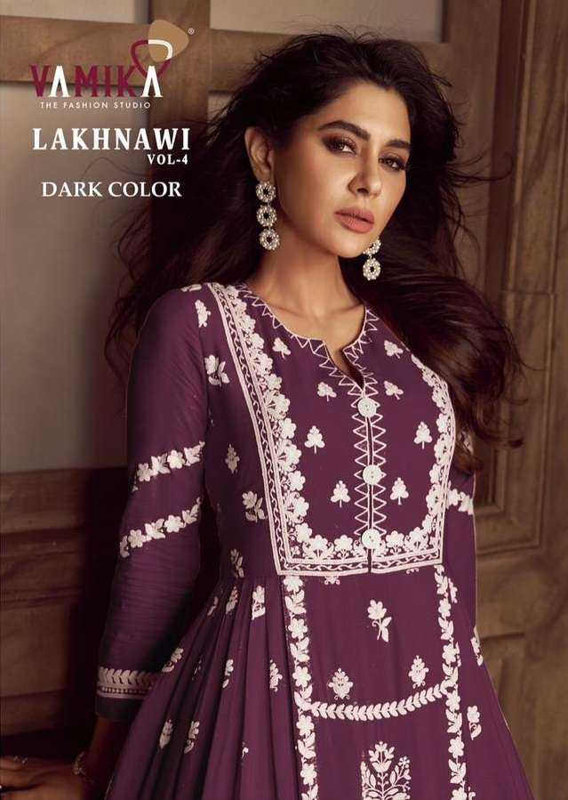 LAKHNAWI VOL-4 DARK COLOUR BY VAMIKA 1023-F TO 1023-J SERIES RAYON EMBROIDERY STITCHED DRESSES