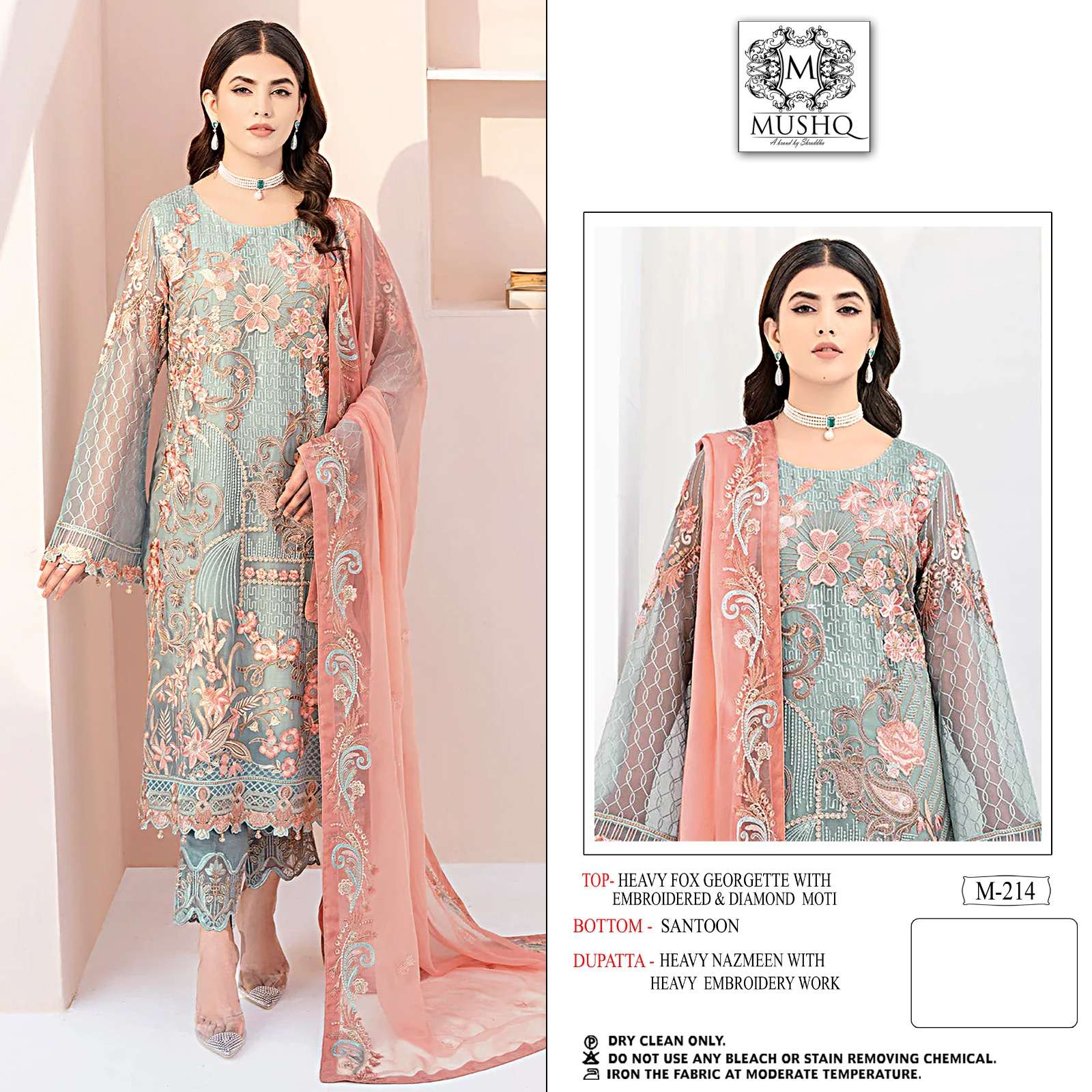 M-214 HIT DESIGN BY MUSHQ HEAVY FAUX GEORGETTE EMBROIDERY PAKISTANI DRESS